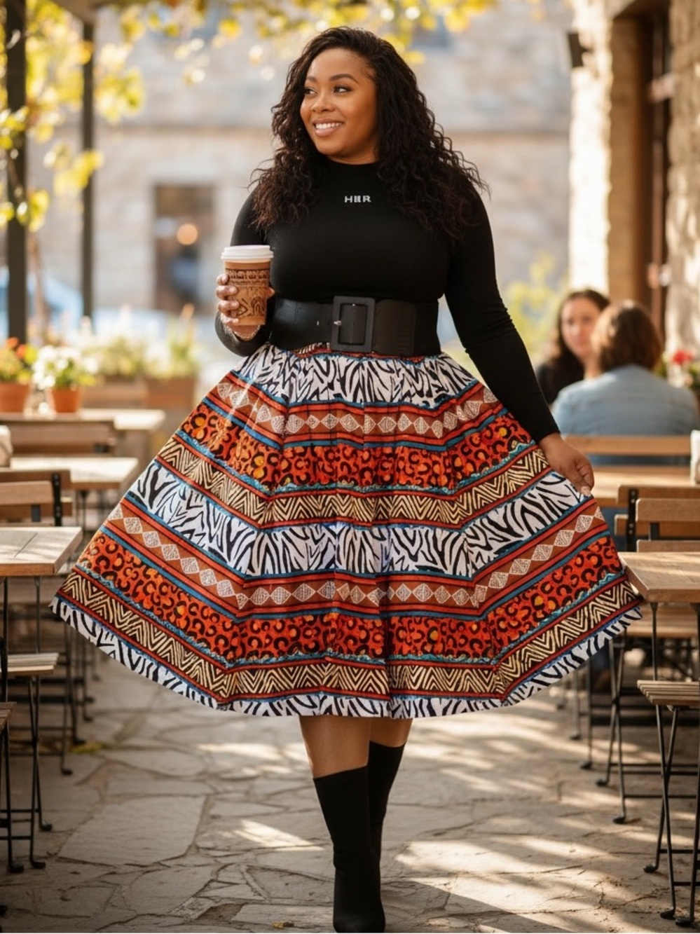 Vibrant Patterned Midi Skirt in Orange & Black
